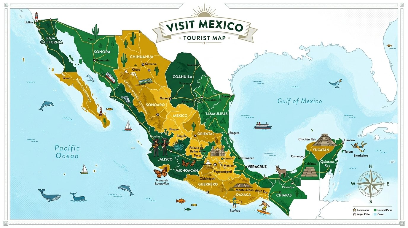 Mapa turístico ilustrado de México con las ubicaciones de las secciones de SINAL CTM
